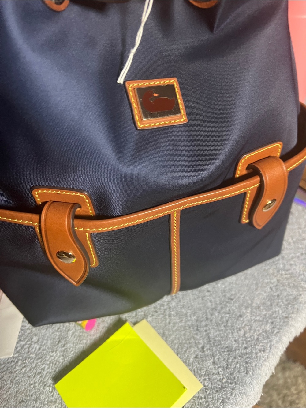 Dooney & Bourke Navy and Tan Leather-Trim Bucket Shoulder Bag - Picture 3 of 4